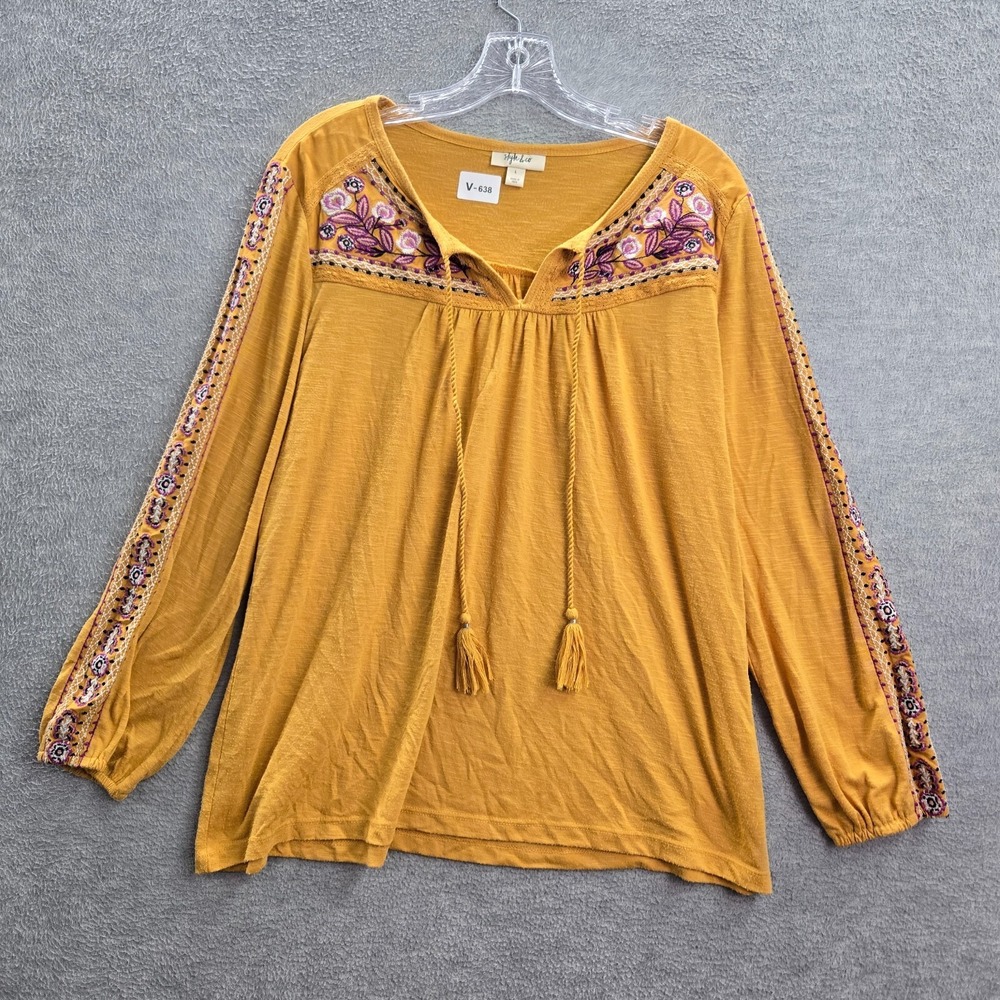 Style & Co Women Top Large Yellow Blouse Boho Peasant Embroidered Pullover